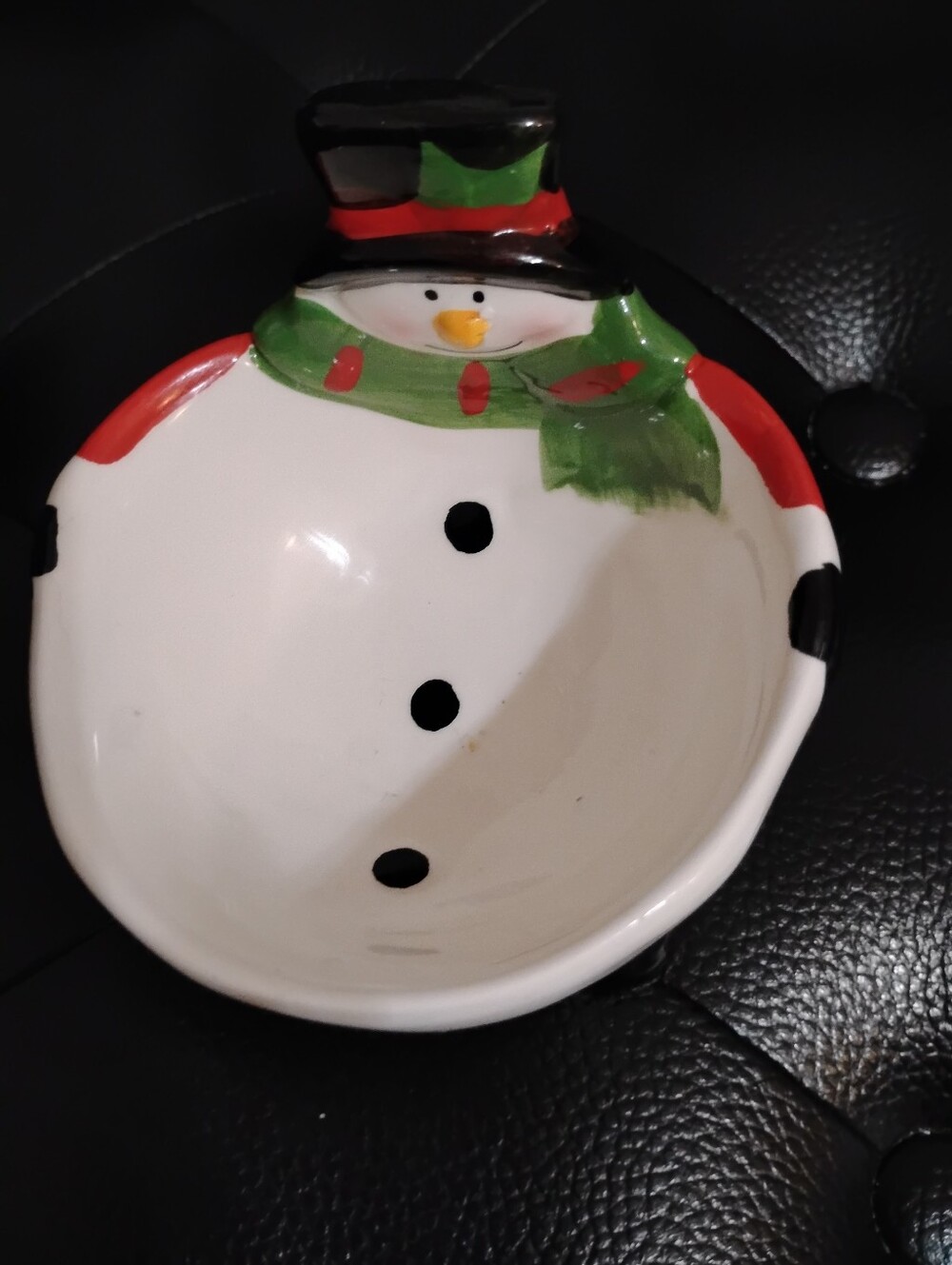 Hand-Painted Snowman Ceramic Bowl - White, Red, Green, Black